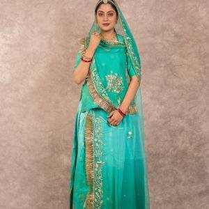 Aqua Green Banarsi Rajputi Suit | Zari Sequins & Aari Work on Bamber Satin | Jaipurio Designer Collection